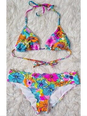 Hobie Swimwear Bikini 2 Piece Floral Colorful Triangle Scrunch Butt Orange Pink